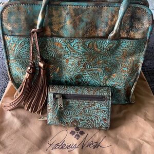 Patricia Nash Turquoise and Gold Embossed Leather satchel Bag & matching wallet